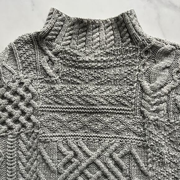 Ralph Lauren Hand Knit 100% Wool Fisherman Sweater Aran Knit Grey Petit Medium - Picture 7 of 11